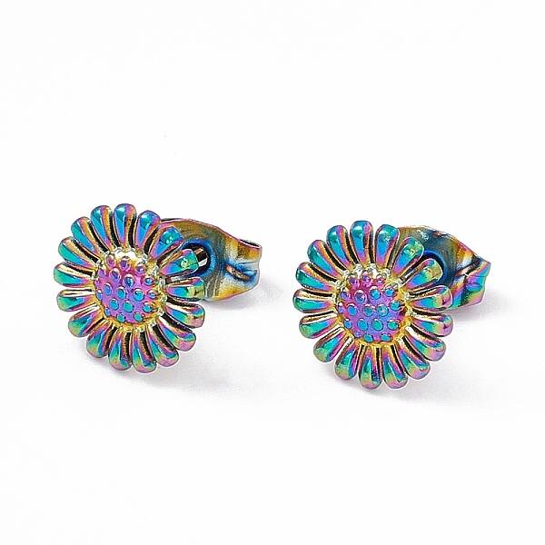 Ion Plating(IP) 304 Stainless Steel Sunflower Stud Earrings for Women