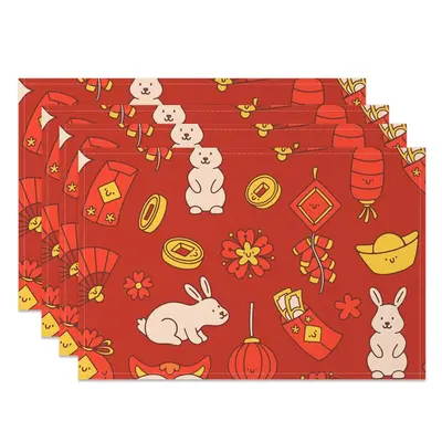 Aperturee Red Festive Gold Rabbit New Year Set Of 4 Placemats, 14x12 Inch, 15.8 USD, NYWH00401-S, placemats
