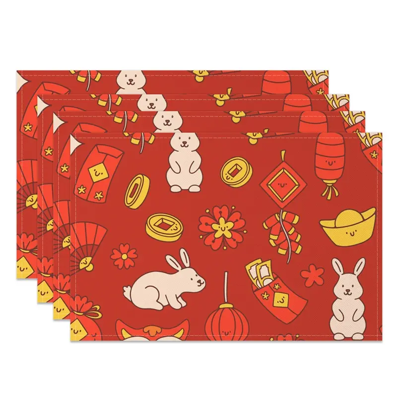 Aperturee Red Festive Gold Rabbit New Year Set Of 4 Placemats, 14x12 Inch, 15.8 USD, NYWH00401-S, placemats