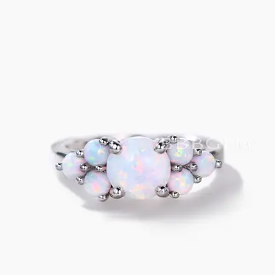 7mm Round White Opal Engagement Ring Cluster White Gold Small Opal Accents
