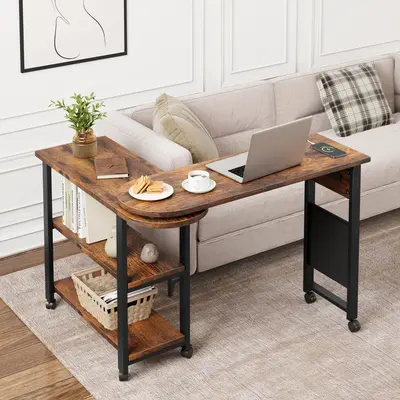 Garvee 360° Rotatable End Table with Charging Station, Extra Storage, Lockable Wheels, MDF & Metal, for Bedroom, Living Room
