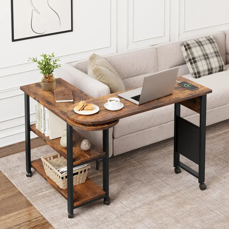 Garvee 360° Rotatable End Table with Charging Station, Extra Storage, Lockable Wheels, MDF & Metal, for Bedroom, Living Room