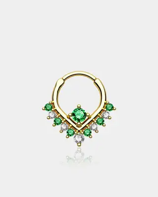 Green & Clear CZ V-Shape Clicker Septum Ring - Gold