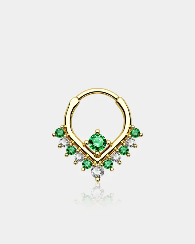 Green & Clear CZ V-Shape Clicker Septum Ring - Gold