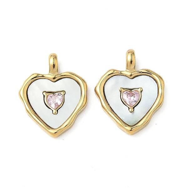 304 Stainless Steel Light Rose Rhinestone Pave Natural White Shell Pendants