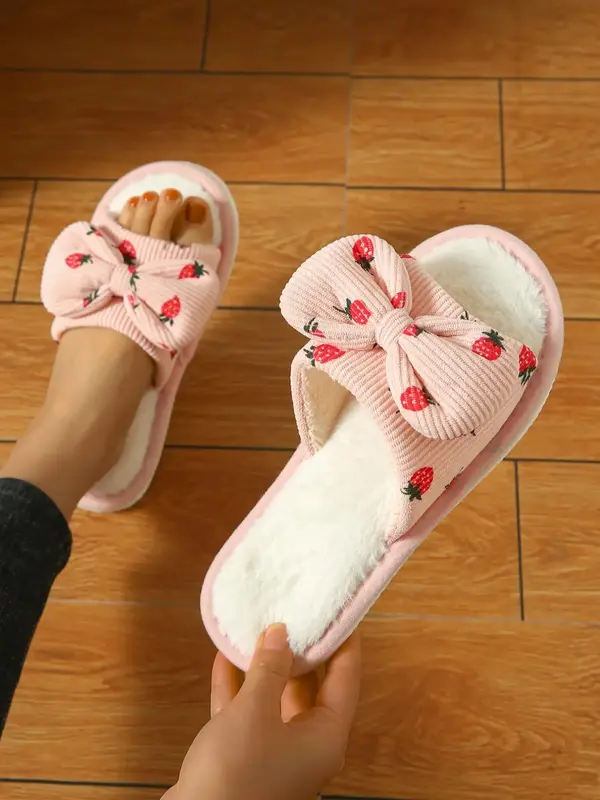 Women's Cute Strawberry Pattern Bow Decorated Slippers, Bedroom Slide, Baby Pink Soft Comfy Home Slippers, Warm Slippers for ...