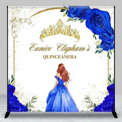 Aperturee Blue Floral Crown Custom Name Quinceanera Backdrop | Diy Birthday Backdrop | Custom Backdrop For Birthday Party | C...