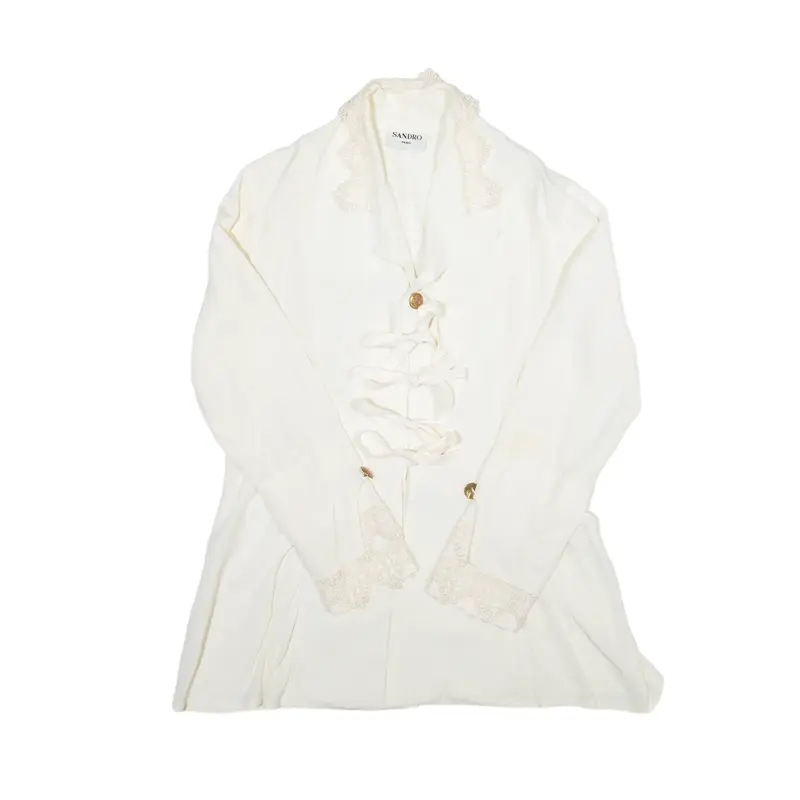 SANDRO PARIS Lace Detail Top Cream Collared Viscose Long Sleeve Womens S