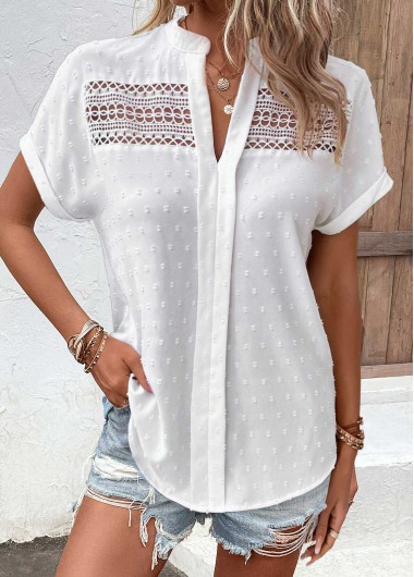 Modlily White Patchwork Short Sleeve Split Neck Blouse - XXL