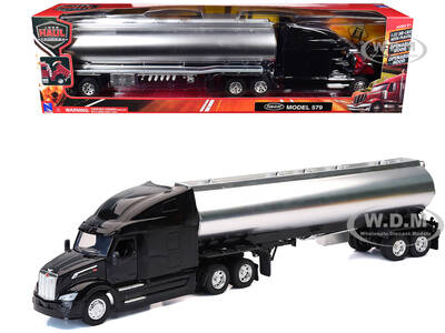 Peterbilt 579 Truck Black with Tanker Trailer Silver Long Haul Truckers Series 1/32 Diecast Model by New Ray