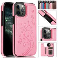 Case For iPhone 16 15 14 13 12 11 Pro Max Magnetic PU Leather Two Magnetic Clasp Card Slots Stand Function Butterfly Flower P...