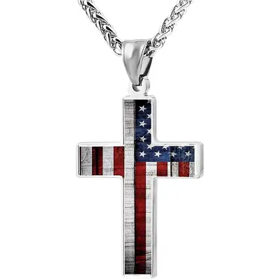 Stainless Steel American Flag Patriotic Cross Pendant Necklace Religious Jewelry for Men and Women, Trendy & Exquisite Jewelr...