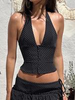 Women's Polka Dot Print Backless Button Front Crop Tank Top, Casual Tie Back Deep V Neck Sleeveless Going Out Top for Summer,...