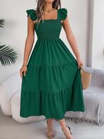 Women's Plain Ruffle Hem Shirred Tiered Layer A Line Dress, Casual Butterfly Sleeve Square Neck Long Dress for Summer, Summer...