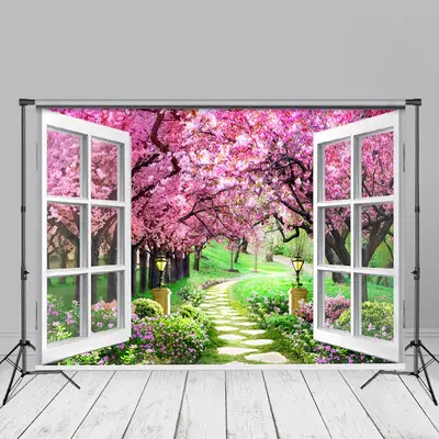 White Window Pink Trees Path Spring Picture Backdrop - Aperturee