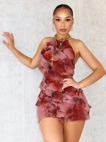 Women's Floral Print Ruffle Trim Tie Back Halter Bodycon Dress, Sleeveless Dresses for Women, Elegant Fashion Backless Short ...