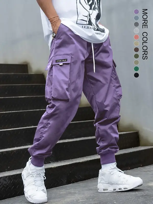 Unisex Patched Flap Pocket Drawstring Waist Cargo Pants, Street Fashion Plain Casual Regular Fit Jogger Trouser for Men Women...