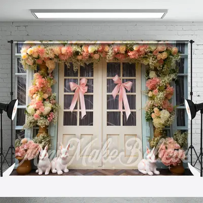 Wooden Door Bow Tie Rabbit Floral Easter Backdrop - Aperturee
