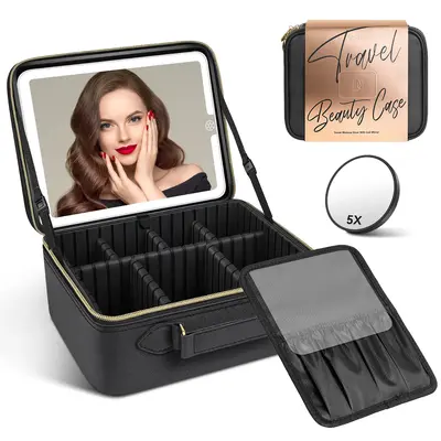 JUSRON Travel Makeup Bag Cosmetic Bag  with LED Light up Mirror Valentine's Day Gift to Girlfriend (Black)