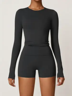Two-Piece Set Women's Solid Long Sleeve Tee & High Waist Shorts Tracksuit Set, Sporty Round Neck Top & Skinny Shorts, Ladies ...