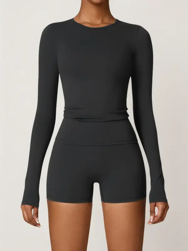 Two-Piece Set Women's Solid Long Sleeve Tee & High Waist Shorts Tracksuit Set, Sporty Round Neck Top & Skinny Shorts, Ladies ...