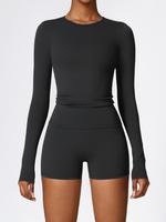 Women's Solid Long Sleeve Tee & Shorts Tracksuit Set for Fall, Sporty Round Neck Top & Skinny Shorts for Fall, Workout Clothe...