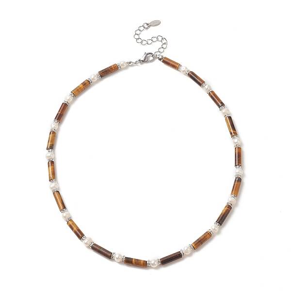 Natural Tiger Eye & Pearl & Crystal Rhinestone Beaded Necklace for Women