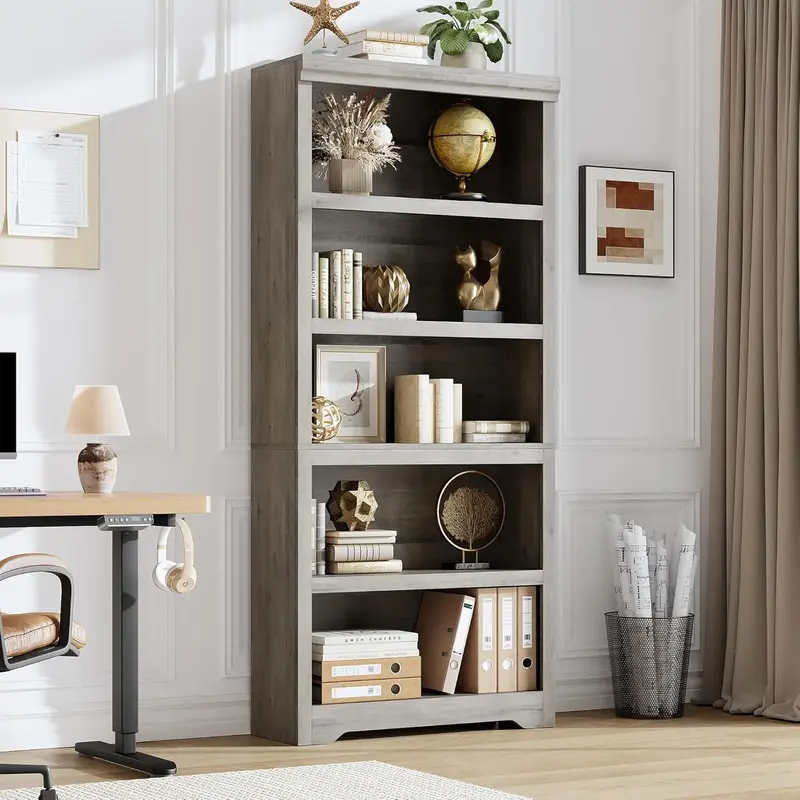 Garvee 5 Tier Bookshelf, 69 Tall Farmhouse Bookcase with Adjustable Shelves, 31.5 W Floor Standing Open Display Storage Rac...