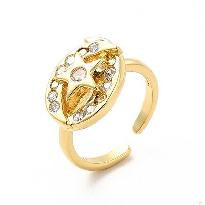 Clear Cubic Zirconia Moon & Star Open Cuff Ring
