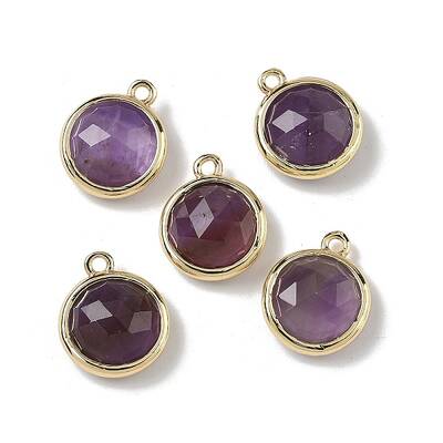 Brass Pave Natural Amethyst Faceted Flat Round Charms