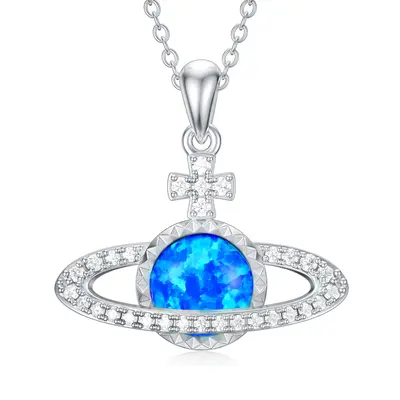 Sterling Silver Circular Aquamarine Cross & Planet Necklace for Women
