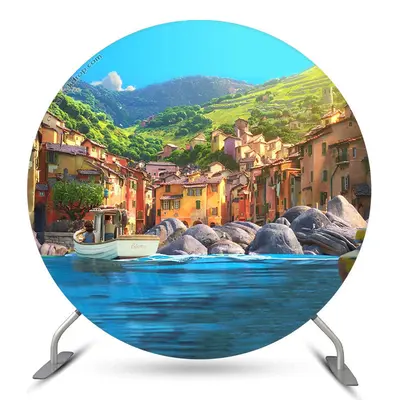 Aperturee Blue Sea Peaceful Town Mountain Round Luca Backdrop | Circle Birthday Backdrop Cover | Circle Party Backdrop | Roun...