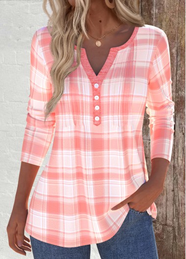 Modlily Dusty Pink Tuck Stitch Plaid Long Sleeve T Shirt - XL
