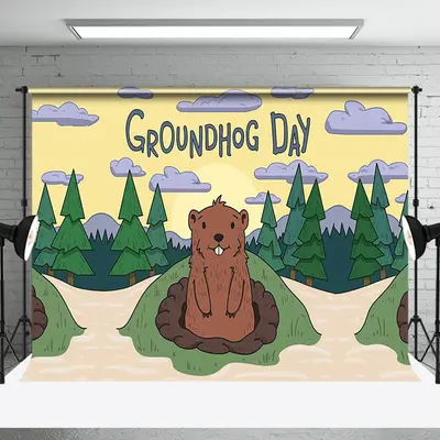 Cartoon Forest Clouds Happy Groundhog Day Backdrop - Aperturee