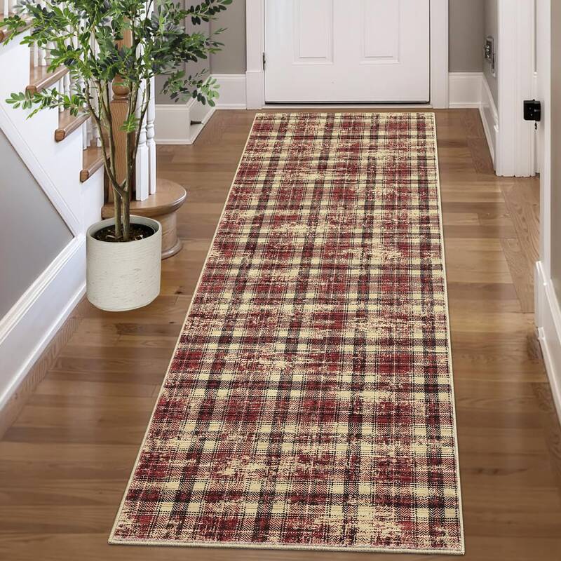 Garvee Washable Runner Rug 2x6 Non Slip Kitchen Rugs Plaid Modern Rugs for Entryway Farmhouse Tartan Soft Bathroom Rug 2'x6' ...
