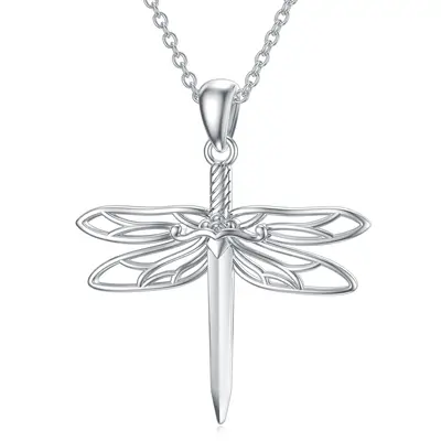 Sterling Silver Dragonfly & Sword Pendant Necklace