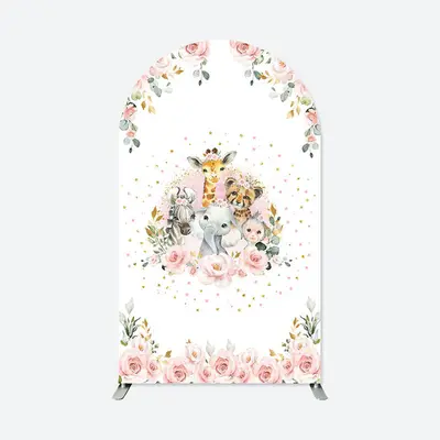 Aperturee Pink Floral Safari Animals Baby Shower Arch Backdrop | Diy Round Arch Backdrop | Custom Chiara Arched Covers | Chia...
