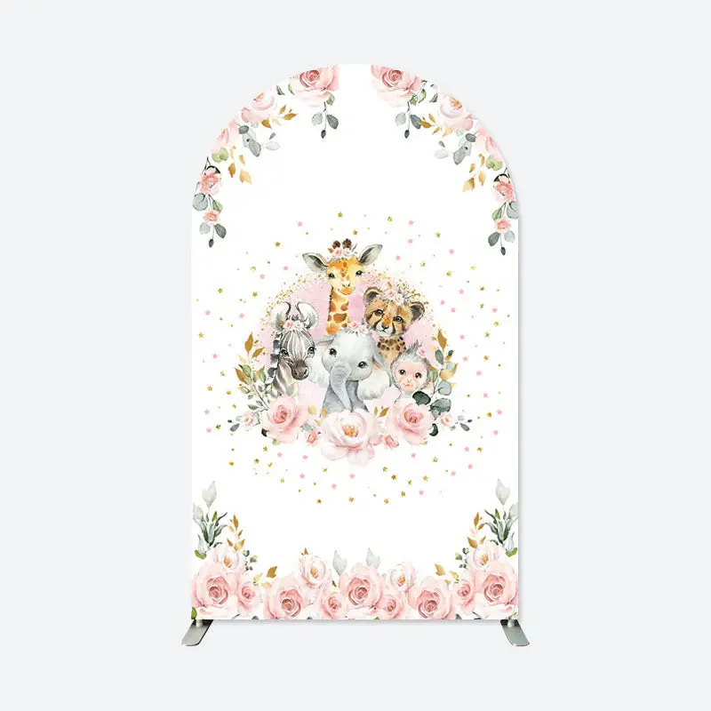 Aperturee Pink Floral Safari Animals Baby Shower Arch Backdrop | Diy Round Arch Backdrop | Custom Chiara Arched Covers | Chia...
