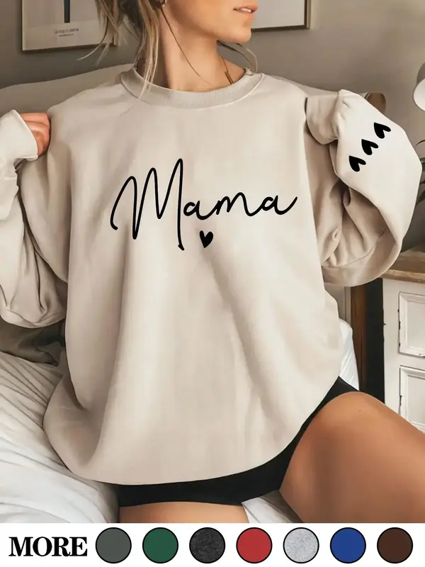 Women's Cartoon Mama Letter & Heart Print Pullover Sweatshirt, Casual Long Sleeve Crew Neck Pullover for Fall & Winter, Women...