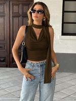 Women's Plain Draped Tie Neck Crop Tank Top, Lady Fashion Casual  Slim Sleeveless Cropped Top for Summer, Women's Clothing fo...