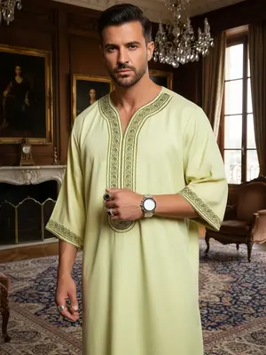 Moroccan Kaftan for Men - Half Sleeve Embroidered Thobe With Pocket, Islamic Clothiing For Daily Wear & Traditional wear