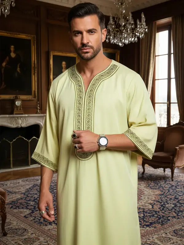 Moroccan Kaftan for Men - Half Sleeve Embroidered Thobe With Pocket, Islamic Clothiing For Daily Wear & Traditional wear