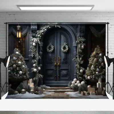 Aperturee Retro Black Door Xmas Trees Gifts Christmas Backdrop | Christmas Backgrounds Fireplace | Christmas Scenic Backgroun...