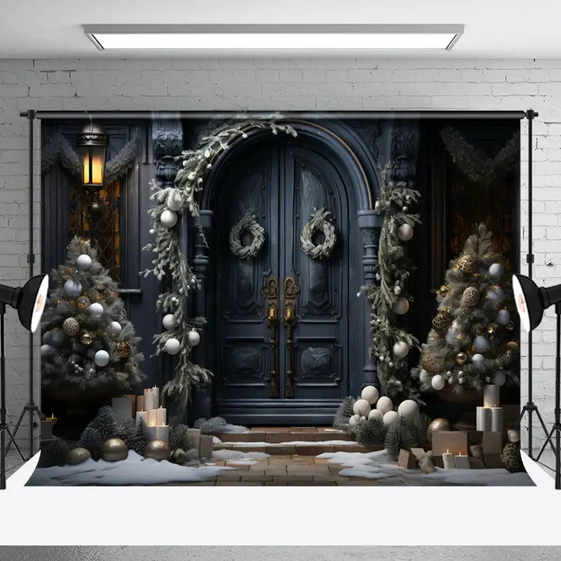 Aperturee Retro Black Door Xmas Trees Gifts Christmas Backdrop | Christmas Backgrounds Fireplace | Christmas Scenic Backgroun...