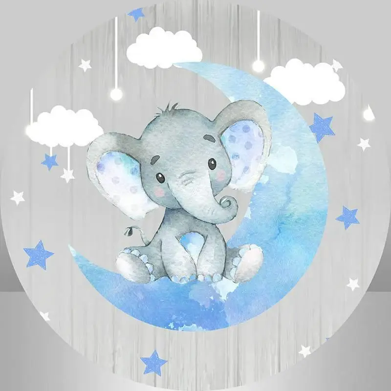 Aperturee Grey Wood And Blue Moon Elephant Baby Shower Round Backdrop | Round Baby Shower Backdrop | Custom Round Backdrop | ...