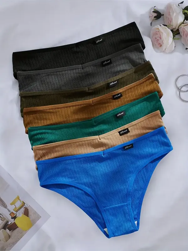 Women's 7pcs Plain Textured Drop Waist Panty, Casual Comfy Breathable Knicker For Daily Wear, Women's Underwear Bottoms For A...