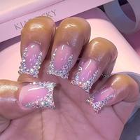 Rhinestone Decor Fake Nails with Nail File & Tape, 24pcs Short Square False Nails for Women & Girls DIY Nail Art, Effortless ...