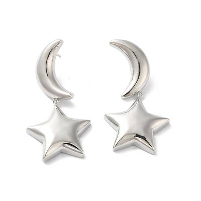Long-Lasting Plated Brass Star and Moon Dangle Stud Earrings for Women
