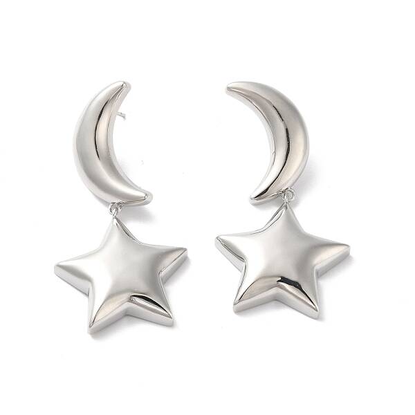 Long-Lasting Plated Brass Star and Moon Dangle Stud Earrings for Women