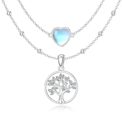 Sterling Silver Moonstone Tree Of Life & Heart Layered Necklace